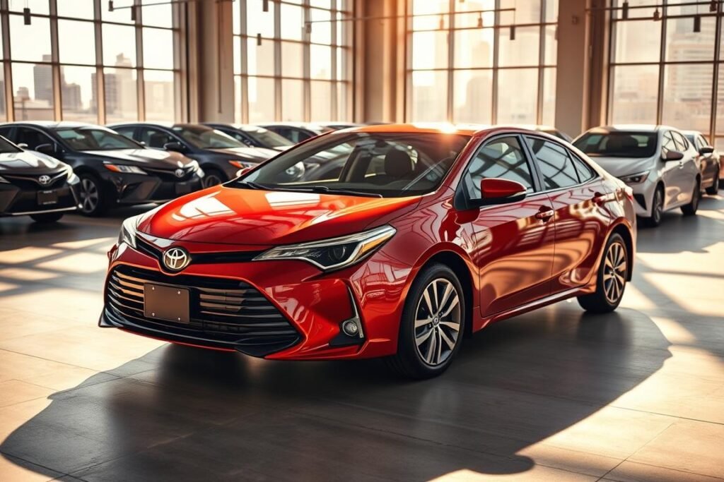 A certified pre-owned Toyota parked in a sunny downtown Los Angeles showroom, its sleek silhouette and gleaming chrome accents catching the light from large windows. The mid-size sedan sits on a polished concrete floor, surrounded by rows of similar meticulously inspected and reconditioned vehicles. Warm, natural lighting filters through the space, creating soft shadows and highlighting the car's vibrant color. In the background, a subtle cityscape frames the scene, suggesting the convenient urban locale. The overall atmosphere conveys a sense of quality, reliability, and the promise of a satisfying pre-owned vehicle purchase.