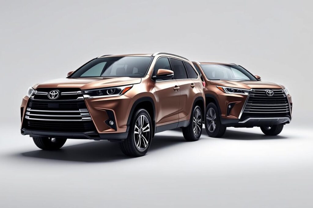 A detailed comparison of the Toyota Grand Highlander and the standard Highlander, showcased in a photorealistic studio setting. The Grand Highlander is positioned prominently in the foreground, its distinctive front grille, elongated silhouette, and larger dimensions clearly visible. The standard Highlander is placed alongside, allowing for a direct side-by-side visual analysis of the design and styling differences. Soft, directional lighting illuminates the vehicles, casting subtle shadows that accentuate their sculptural forms. The background is a clean, minimalist studio environment, allowing the vehicles to be the sole focus of attention. The overall mood is one of precise, technical inspection, inviting the viewer to closely examine the nuanced design elements that distinguish these two midsize SUV models.
