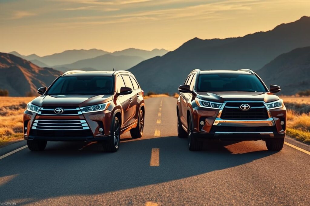 A high-angle, wide-angle shot of a Toyota Highlander and a Toyota Grand Highlander SUVs side-by-side on a paved road, with a scenic mountain landscape in the background. The vehicles are shown in a well-lit, golden hour setting, highlighting their sleek, powerful silhouettes. The prompt focuses on capturing the towing capacity differences between the two models, emphasizing their capabilities through carefully composed angles and detailed automotive elements. Careful attention is paid to the proportions, lighting, and overall composition to create a visually striking and informative image.