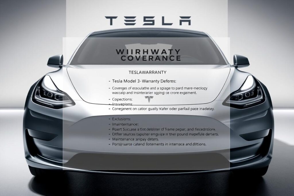 A high-resolution, detailed image of Tesla's warranty coverage policy, showcasing a clean, modern design. The foreground features a Tesla Model 3 vehicle, depicted in a sleek, metallic finish, with a focus on the front of the car. In the middle ground, a transparent overlay displays the key details of the warranty, including coverage duration, exclusions, and maintenance requirements, all presented in a clear, easy-to-read format. The background is a minimalist, gray-toned environment, with subtle hints of Tesla's branding elements, such as the logo or design motifs, creating a cohesive and visually appealing composition. The lighting is soft and directional, highlighting the key elements and creating a sense of depth and dimension. The overall mood is professional, informative, and in line with Tesla's brand identity.