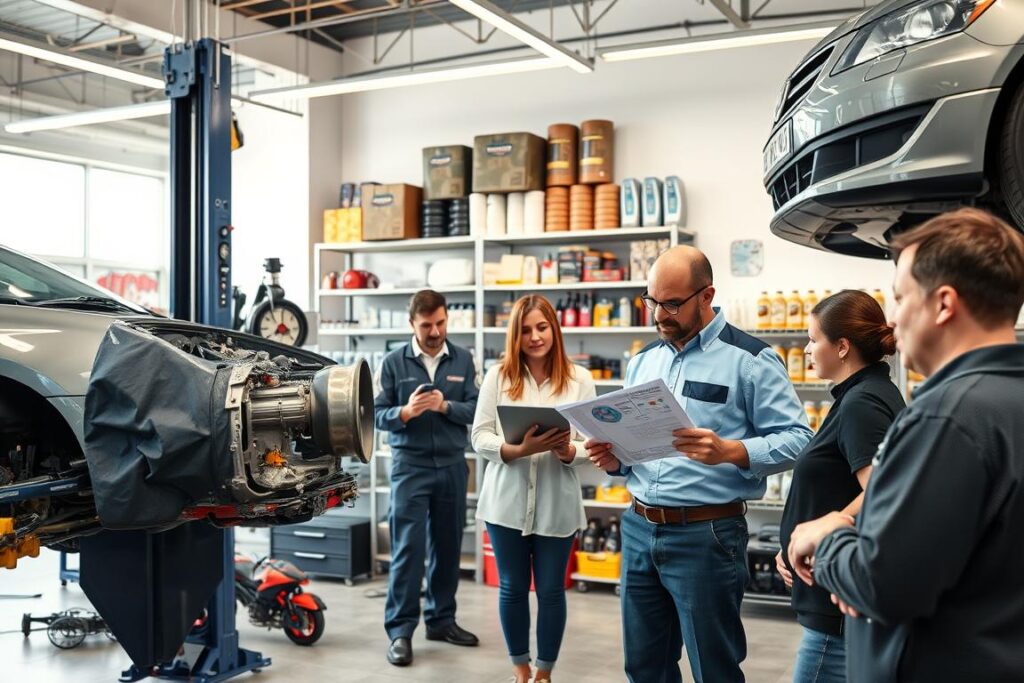 A modern auto repair shop with a well-lit, spacious interior. In the foreground, a mechanic examines the transmission of a car on a lift, surrounded by an array of tools and diagnostic equipment. In the middle ground, several customers discuss options with the shop manager, pointing at diagrams and estimates on a tablet. The background features shelves stocked with transmission parts, fluids, and other repair materials, casting a warm, professional atmosphere. The lighting is bright and even, creating a sense of transparency and trust. The overall scene conveys the affordability and accessibility of transmission repair services for the average car owner.