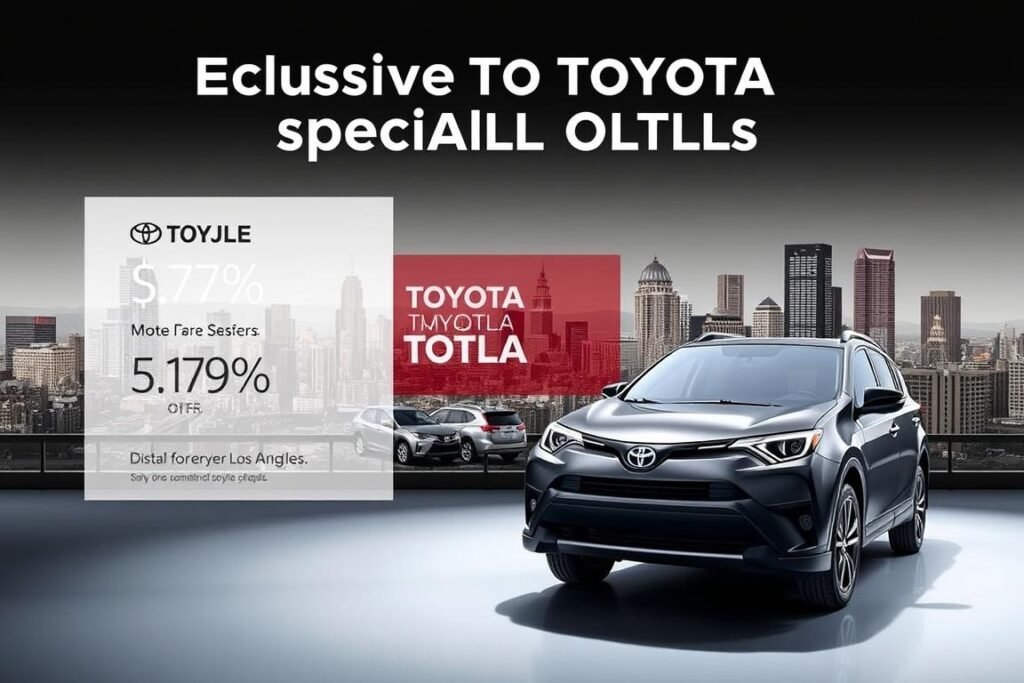 A modern, eye-catching advertisement for exclusive Toyota DTLA special offers and incentives. In the foreground, a sleek Toyota vehicle takes center stage, its bold lines and dynamic curves highlighted by dramatic studio lighting. The middle ground features a minimalist, contemporary display of the special offers, with clean typography and subtle pops of the Toyota brand color. The background portrays the vibrant, bustling urban landscape of Downtown Los Angeles, hinting at the convenient city location of the dealership. The overall aesthetic conveys a sense of luxury, exclusivity, and the thrilling experience of discovering the best deals in DTLA.