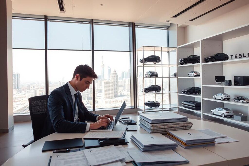 A modern office interior with a clean, professional atmosphere. In the foreground, a businessman in a suit sits at a desk, studying a laptop screen intently. On the desk, various Tesla-branded documents and forms are neatly organized. In the middle ground, a floor-to-ceiling window offers a view of a bustling city skyline, bathed in warm, natural lighting. The background features sleek, minimalist shelving units displaying Tesla vehicle models and accessories. The overall scene conveys a sense of efficiency, attention to detail, and the seamless Tesla customer experience.