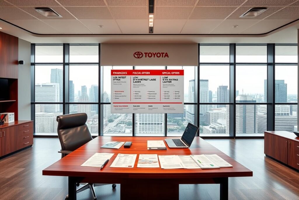 A modern, well-lit office interior with a large wooden desk and executive chair in the foreground. On the desk, various financial documents, a laptop, and a Toyota logo. In the middle ground, a wall-mounted display showcases different Toyota financing options, such as low-interest rates, flexible lease terms, and special offers. The background features floor-to-ceiling windows overlooking a bustling downtown cityscape, with the iconic Toyota headquarters building visible in the distance. The overall atmosphere is professional, informative, and conveys a sense of trust and reliability associated with Toyota's financial services.
