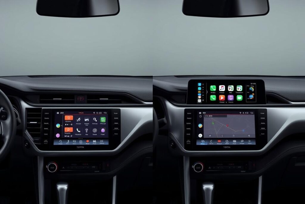 A side-by-side comparison of the Toyota Highlander and Grand Highlander infotainment systems, shown on two sleek, silver dashboard displays against a muted, gray interior backdrop. The displays showcase crisp, high-resolution graphics and intuitive user interfaces, highlighting the key features and capabilities of each system. Subtle ambient lighting sets a modern, sophisticated tone, while strategic camera angles and depth of field draw the viewer's attention to the central dashboard elements. The image conveys a sense of technological sophistication and attention to detail, capturing the essence of the Highlander and Grand Highlander's advanced in-car technology.