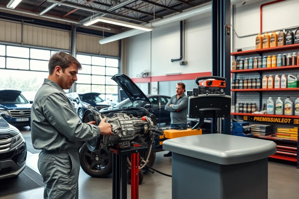 A well-lit, modern automotive repair shop with a large garage door, showcasing a fleet of well-maintained transmission-equipped vehicles parked inside. The foreground features a professional technician, clad in a clean, oil-stained uniform, meticulously inspecting the transmission of a customer's car on a lift. In the middle ground, a reception area with a friendly, knowledgeable staff member assisting a customer. The background depicts shelves lined with premium transmission fluids, tools, and diagnostic equipment, conveying a sense of expertise and reliability. The overall atmosphere is one of efficiency, attention to detail, and customer-centric service.