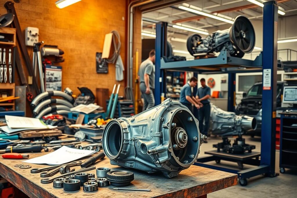 A workshop with various automotive tools and parts strewn across a workbench, juxtaposed with a modern, well-equipped auto repair shop. In the foreground, a car's transmission sits disassembled on the DIY workbench, surrounded by wrenches, sockets, and a repair manual. In the background, a team of skilled mechanics works on a transmission on a hydraulic lift, using specialized diagnostic equipment. The lighting is warm and natural in the DIY setting, while the professional shop has a bright, clinical atmosphere. The tone conveys the challenges and risks of attempting a complex repair at home, versus the expertise and resources available at a professional transmission service center.